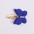 Double-layered dark blue fabric butterfly hair clip with three white pearls and golden base - Dark Blue