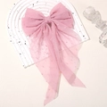 Pink mesh bow hair clip with textured polka dots and long elegant ribbons - Rose Pink