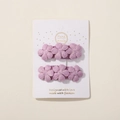 Set of two purple fabric flower hair clips with handmade embroidery on a white display card - Three Small Flowers Style (2A-7) / Lavender