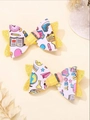 Cute Back to School yellow glitter bow hair clips with cartoon school bus prints - Back To School Cartoon Style