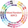 Set of 80 random candy color bow hair ties for girls in high elasticity ribbon material - Mixed Random Style (80B)