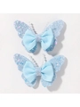 Light blue glitter butterfly hair clips set with ribbed ribbon bows for girls - Light Blue