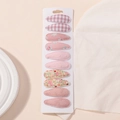 Set di 10 mollette per capelli in tessuto a fiori rosa e quadretti su cartoncino - Stile Rosa con Ricamo e Floreale (10N)
