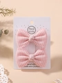 Pair of cute pink checkered fabric bow hair clips for girls on handmade display card - Plaid Fabric Style / Pink White Plaid