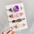 Set of 4 baby floral headbands with satin roses and lace pearls on elastic nylon band - 4B
