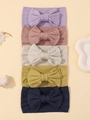 Détail de lot de 5 bandeaux bébé en tissu côtelé avec de grands nœuds doux élastiques - Ensemble Cinq Pièces Violet/Vieux Rose/Blanc Cassé/Jaune/Marine (5B)