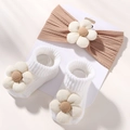 Infant accessory set featuring tan ribbed headband and white knit socks with 3D floral decor - Tan Style (Without Cardboard) (HH4274-3D)