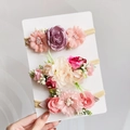 Three-piece set of baby floral headbands with pink and purple chiffon flowers on display card - 3 Hours