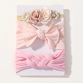 Détails d'un lot de bandeaux bébé en nylon doux avec roses en soie, perles et nœuds - Ensemble Rose Perlé (3B)