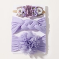 Détail du lot de 3 bandeaux bébé en nylon avec fleurs violettes et nœuds en mousseline - Ensemble Violet (3F)