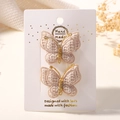 Pair of beige handmade crochet butterfly hair clips with gold thread on a card - Butterfly Style (2A-2) / 2 Pcs/Set / Champagne
