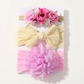 Lot de 3 bandeaux en nylon pour bébé avec fleurs roses et nœuds en tricot jaune - Ensemble Rose Jaune (3G)
