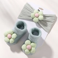 Infant jacquard elastic headband and socks set in light grey green with floral detail - Light Gray Green Style (3H Set) (HH4274-3H)
