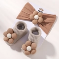 Brown and beige baby elastic headband and flower socks set with 3D floral accents - Beige Knit Style (3I Set) (HH4274-3I)