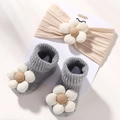Beige ribbed knit baby headband and grey socks set with cream 3D floral accents - Gray And Beige Style (3J Set) (HH4274-3J)