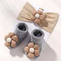 Infant set featuring beige cable knit headband and grey ribbed socks with brown flowers - Gray Twist Style (3K Set) (HH4274-3K)