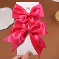 Paire de nœuds papillon en satin rose vif pour filles sur une carte blanche - 2 Pièces/Ensemble / Rose rouge
