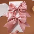 Paire de barrettes à nœud en satin rose pour filles sur carte de support - 2 Pièces/Ensemble / Rose Clair