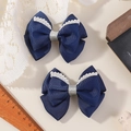 Barrettes noeuds en ruban gros-grain bleu marine avec perles et paillettes argent - Bleu Foncé (2A-1)