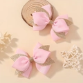 Pink and gold glitter ribbon bow hair clips for girls set of 2 daily party accessories - Pink (2A-8)