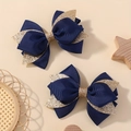 Set mit zwei dunkelblauen Haarspangen mit Ripsband-Schleifen und goldenem Glitzer - Navyblau (2A-4)