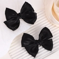 Set of two glossy black satin bow hair clips for girls in elegant Lolita academic style - 2-Piece Set / Black (2A-8)
