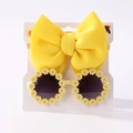 Kids yellow bow nylon headband and daisy sunglasses set for summer beach vacation - Bright Yellow