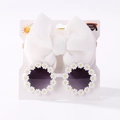Kids fashion set with white daisy sunglasses and a matching large bow headband - Pure White