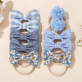 Blue bow hair ties set for kids featuring gingham patterns and floral daisy details - Blue Floral Polka Dot Pattern (set Of 10)