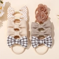 Set of 10 assorted bow and flower hair ties for babies in neutral cream and brown tones - Beige Checkered Polka Dot Pattern (set Of 10)