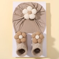 Detail of baby turban and socks set with large 3D fabric flower in beige-coffee color - Beige Coffee (3B)