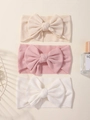 Set da 3 pezzi di fasce per neonati con grandi fiocchi in maglia a coste beige, rosa e bianco - Beige Rosa Bianco (3G)