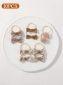 10-piece girls' hair bow set in warm earth tones featuring ribbon and plush balls - Brown Pom-pom Polka Dots (set Of 10)