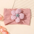 Pink elastic nylon headband for babies featuring a large red and white checkered fabric flower - Pink (8)