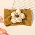 Elastic yellow nylon baby headband featuring a large knitted flower and plaid petals - Ginger Yellow (27)
