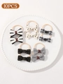 Set of 10 bow hair ties with polka dots and stripes on a white ceramic plate - Black Rice Checkered Polka Dot Pattern (set Of 10)