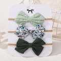 Set de tres diademas para bebé con lazos de tela floral, de lunares y lino verde liso - Estilo Floral de Lunares Serie Verde (3B)