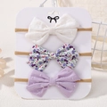 Set de 3 diademas elásticas para bebé con lazos de tela en blanco, violeta floral y lavanda - Estilo Floral de Lunares Serie Morada (3D)