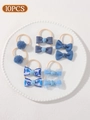 10-piece set of blue bow and pompom hair ties for babies in a white decorative tray - Dark Blue Pom-pom Print (set Of 10)
