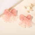 Set of two pink glitter bow hair clips with polka dot mesh for girls and kids - Orange Pink