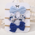 Three-piece baby bow headband set in blue and floral patterns on nylon band - Blue Series Floral Solid Style (3F)