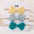 Three-piece baby bow headband set with floral and textured patterns on card - Yellow-Green Series Polka Dot Floral Style (3G)