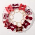 14-piece red bow hair tie set for babies including plaid and velvet textures - Red Velvet Fabric Pom Style