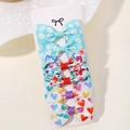 Set of 6 colorful floral and heart print grosgrain ribbon bow hair clips for girls - Light Blue Daisy and Colorful Hearts (6H)