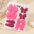 8-piece children's hair clip set featuring pink ribbon bows and purple knitted butterfly clips - Pink Purple