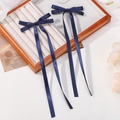 Paio di fiocchi per capelli in raso blu scuro con lunghi nastri per bambine - Stile Fiocco A Nastro Lungo / Blu scuro