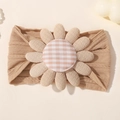 Soft baby nylon headband with large light khaki flower and pink checkered center - Caramel (3)