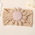 Beige baby headband with large flower knot and pink checkered center on a soft knit band - Apricot (4)