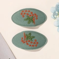Paio di fermagli per capelli BB ovali in tessuto verde scuro con ricamo floreale - Floreale Verde Scuro (1)