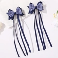 Barrettes à cheveux à double nœud à carreaux bleu et blanc avec longs rubans - Écossais Bleu Blanc (2A-1)